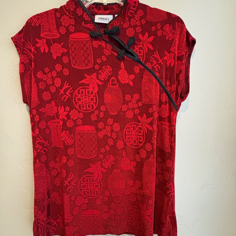 Chico's Asian Inspired Top, Cap Sleeve, Stretchy